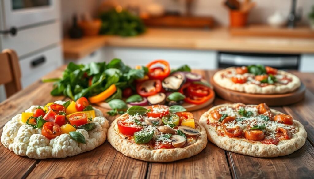A beautifully arranged display of gluten-free crust options for pizza, featuring a variety of crusts on a rustic wooden table. In the foreground, showcase three types of gluten-free crusts: cauliflower crust, almond flour crust, and brown rice flour crust, each uniquely shaped and topped with colorful ingredients like fresh vegetables, herbs, and a sprinkle of dairy-free cheese. In the middle, include a vibrant assortment of toppings like sliced bell peppers, mushrooms, and spinach, creating a fresh and inviting atmosphere. The background should have a softly blurred kitchen setting with warm, natural lighting illuminating the scene, enhancing the inviting and healthy vibe. The composition should embody a cheerful and welcoming mood, making it an appealing visual for anyone seeking allergen-friendly pizza options.