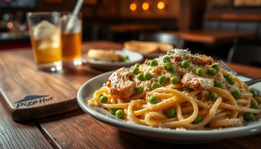 A beautifully arranged plate of Pizza Hut pasta, showcasing a generous serving of creamy Alfredo pasta topped with grilled chicken, vibrant green peas, and sprinkled with Parmesan cheese. The foreground features a close-up of the pasta dish, glistening with a rich sauce that captures the light. In the middle ground, there's a rustic wooden table setting with a glass of iced drink and a side of garlic bread, adding warmth and contrast to the scene. The background subtly hints at a cozy Pizza Hut ambiance, with soft, warm lighting illuminating the scene, creating an inviting atmosphere. The angle is slightly overhead, emphasizing the pasta's texture and delicious details, evoking a sense of craving and comfort.
