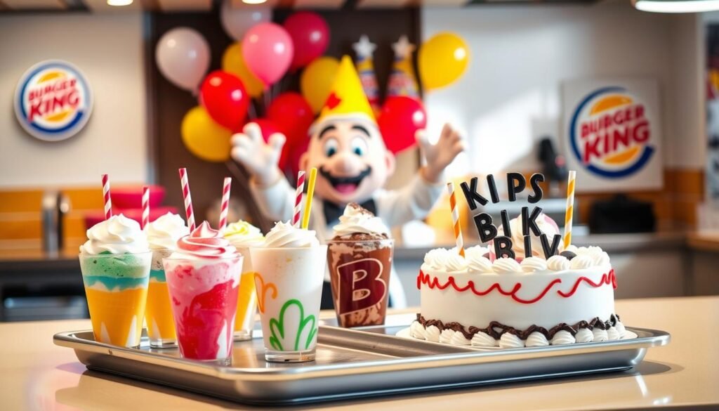 A brightly lit, cheerful scene of a Burger King counter displaying an assortment of kid-friendly desserts. In the foreground, a tray holds colorful ice cream cones, milkshakes with whipped cream, and a birthday cake topped with BK-themed decorations. The middle ground features a backdrop of balloons, party hats, and a Burger King mascot waving excitedly. The overall atmosphere is playful and inviting, capturing the essence of a family-friendly Burger King celebration. A brightly lit, cheerful scene of a Burger King counter displaying an assortment of kid-friendly desserts. In the foreground, a tray holds colorful ice cream cones, milkshakes with whipped cream, and a birthday cake topped with BK-themed decorations. The middle ground features a backdrop of balloons, party hats, and a Burger King mascot waving excitedly. The overall atmosphere is playful and inviting, capturing the essence of a family-friendly Burger King celebration.