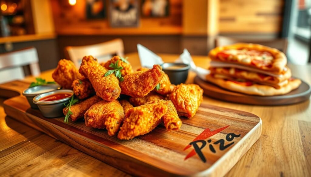 A close-up of a delicious platter of golden, crispy chicken wings arranged artistically on a wooden serving board. The foreground features the wings garnished with fresh herbs and served with vibrant dipping sauces in small bowls. In the middle, a rustic table setting with a Pizza Hut logo subtly etched on the edge of the board, alongside a couple of pizza slices elegantly stacked. The background is softly blurred, showcasing a cozy restaurant atmosphere with warm lighting and wooden accents, creating an inviting mood. Capture the scene with a slight overhead angle to highlight the textures and colors of the food, ensuring a mouth-watering appeal and an enticing atmosphere that reflects shared meals and enjoyment.
