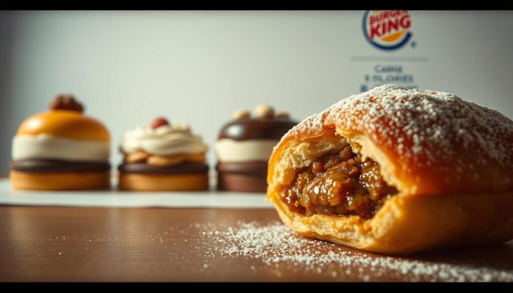 A close-up view of a delectable Burger King dessert, captured under warm, soft lighting. In the foreground, a tempting confection with a golden-brown crust and a dusting of powdered sugar, its flaky layers hinting at the rich, indulgent filling within. The middle ground showcases a selection of Burger King's dessert options, each presented with care and attention to detail. In the background, a clean, minimalist backdrop allows the desserts to take center stage, their calorie counts and nutritional information discreetly displayed alongside. The overall mood is one of temptation and indulgence, balanced by a sense of responsible, health-conscious consideration.