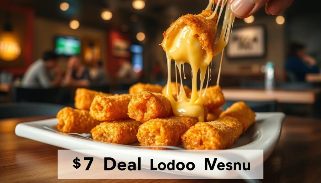 A close-up view of a plate of golden brown cheese sticks, perfectly crispy and bubbling with melted cheese. The cheese sticks are arranged neatly, showcasing their gooey interior as one is being pulled apart, stretching cheese threads that illustrate their deliciousness. The background is blurred with a soft focus, hinting at a lively Pizza Hut restaurant atmosphere, with warm lighting creating a cozy ambiance. Enhance the mood with a slight warmth to evoke comfort food vibes. The table surface is wooden, adding a rustic feel. The scene captures the essence of the $7 Deal Lovers Menu, inviting and appetizing, without any text or distractions.