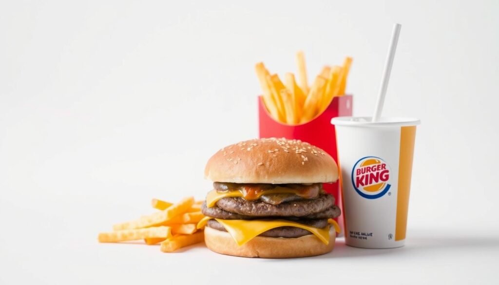 A closeup photograph of an assortment of Burger King's value menu items, including a classic cheeseburger, small fries, and a small soft drink, placed on a simple white background with soft, even lighting to highlight the textures and colors of the food. The items are neatly arranged to create a visually appealing and appetizing composition, conveying a sense of affordability and accessibility for the everyday consumer.