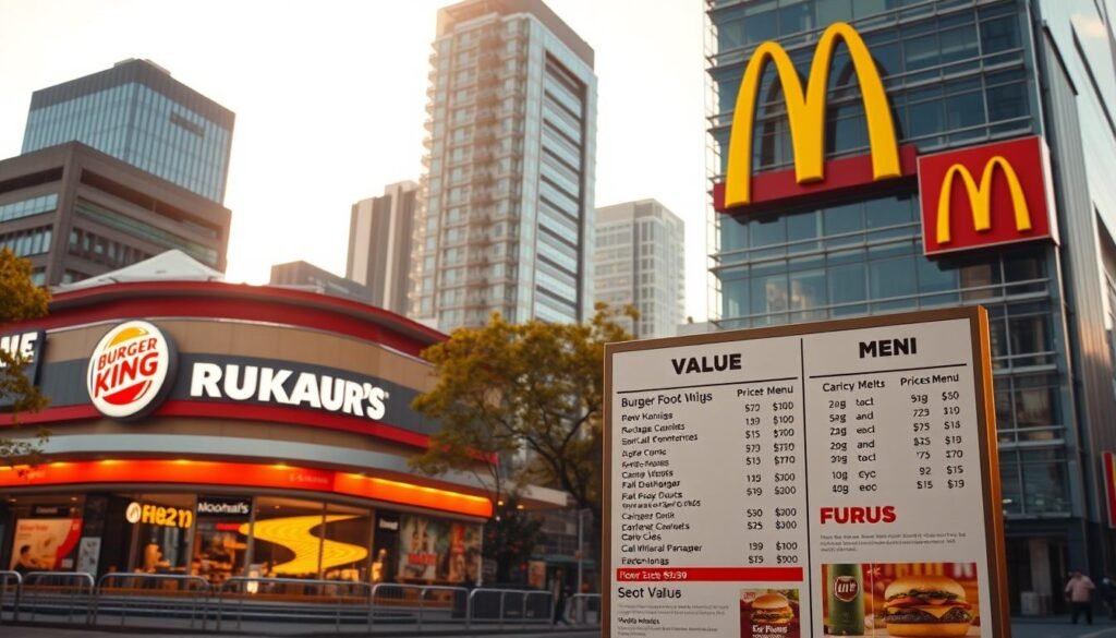 A contemporary urban cityscape, with a vibrant Burger King restaurant and a towering McDonald's establishment situated side by side. The scene is bathed in warm, golden afternoon sunlight, creating a rich, inviting atmosphere. In the foreground, detailed price menus for both fast-food giants are prominently displayed, allowing for a clear comparison of their respective value offerings. The architecture and branding of the two restaurants are meticulously rendered, highlighting their distinct visual identities. The image conveys a sense of competition and consumer choice, with the viewer encouraged to evaluate the relative merits of each establishment's pricing strategies.