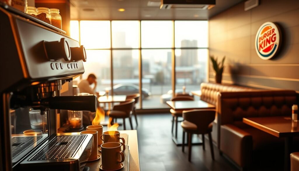 A cozy and inviting BK Café interior, bathed in warm, golden lighting. The foreground showcases a sleek, modern espresso machine and an array of freshly brewed coffee cups, steam gently rising. In the middle ground, wooden tables and chairs create a comfortable seating area, complemented by plush leather accents. The background features floor-to-ceiling windows, offering a glimpse of the bustling city outside, while the Burger King logo subtly adorns the wall, blending seamlessly with the overall aesthetic. The atmosphere exudes a sense of relaxation and indulgence, inviting customers to sit back, sip on a rich, aromatic BK Café beverage, and savor the moment.