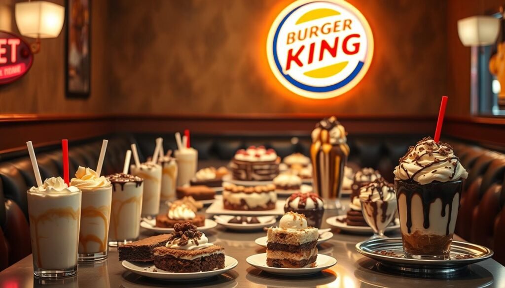 A cozy diner setting with a long table showcasing an array of Burger King's secret menu desserts. In the foreground, a selection of tempting treats like creamy milkshakes, decadent brownies, and rich ice cream sundaes with toppings galore. The middle ground features a variety of unique desserts, perhaps a layered cheesecake or a towering ice cream cake. In the background, a retro-inspired Burger King logo casts a warm glow over the scene, setting the mood for a hidden, indulgent experience. Lighting is soft and inviting, with hints of gold and amber tones. The overall atmosphere is one of delightful secrecy and guilty pleasures. A cozy diner setting with a long table showcasing an array of Burger King's secret menu desserts. In the foreground, a selection of tempting treats like creamy milkshakes, decadent brownies, and rich ice cream sundaes with toppings galore. The middle ground features a variety of unique desserts, perhaps a layered cheesecake or a towering ice cream cake. In the background, a retro-inspired Burger King logo casts a warm glow over the scene, setting the mood for a hidden, indulgent experience. Lighting is soft and inviting, with hints of gold and amber tones. The overall atmosphere is one of delightful secrecy and guilty pleasures.