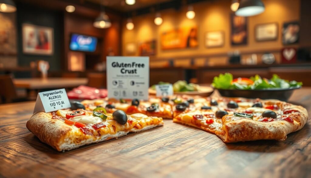 A detailed and informative scene depicting a variety of Pizza Hut menu items arranged on a rustic wooden table. In the foreground, focus on a large pizza slice, showcasing a mix of colorful toppings such as bell peppers, olives, and a golden, melted cheese layer, along with small ingredient cards that indicate allergens like nuts, dairy, and gluten. In the middle ground, display a gluten-free crust pizza and a small salad side, emphasizing health and ingredient safety. The background features a softly blurred Pizza Hut restaurant interior, with warm lighting creating an inviting atmosphere. Aim for a bright, cheerful mood to reflect family dining. Use a shallow depth of field to highlight the foreground details while maintaining context.