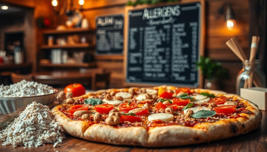 A detailed and informative visual representation of common allergens associated with pizza ingredients. In the foreground, prominently display a variety of allergenic items, such as wheat flour, dairy products (cheese), peanuts, gluten, tomatoes, and bell peppers. In the middle, illustrate a diverse pizza with these ingredients artistically arranged, showcasing slices revealing their contents. In the background, create a subtle ambiance of a cozy Italian pizzeria with warm lighting, wooden décor, and a blurred chalkboard menu listing allergen information. The scene should evoke a knowledgeable and safe atmosphere for customers seeking guidance on allergens, presented from a slightly elevated angle to enhance depth and focus on the ingredients.