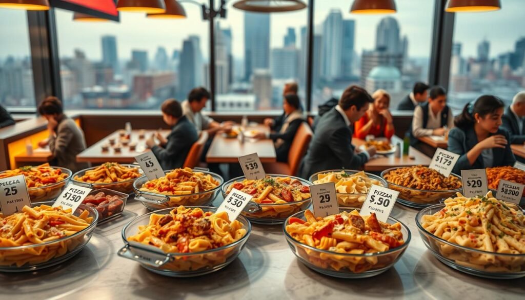 A detailed, visually engaging collage illustrating the concept of "Prices Vary by Location" specifically for Pizza Hut's pasta menu in 2026. In the foreground, display a variety of Pizza Hut pasta dishes artfully arranged on a table, each tagged with varying price labels reflecting different locations. The middle ground features a bustling urban Pizza Hut restaurant with diverse patrons enjoying their meals, dressed in professional attire reminiscent of a business lunch crowd. In the background, a cityscape shows different neighborhoods, indicating economic diversity. The lighting should be warm and inviting, suggesting a cozy dining atmosphere. Capture the scene with a slight tilt-shift effect for a dynamic perspective, emphasizing the variety in pricing while maintaining a harmonious layout. The overall mood should be informative yet inviting, catering to a modern audience.