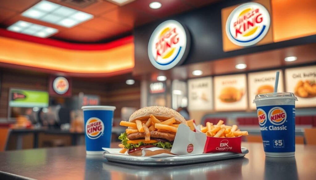 A fast-food restaurant interior, brightly lit with warm lighting. In the foreground, a table displays a selection of budget-friendly Burger King menu items - a Whopper Jr., fries, and a small soft drink. The middle ground features additional menu items like a Chicken Sandwich, Chicken Nuggets, and a BK Classic Burger, all priced under $5. The background depicts the Burger King logo and signage, giving the scene an authentic fast-food atmosphere. The overall mood is inviting and affordable, highlighting the value of Burger King's sub-$5 deals.