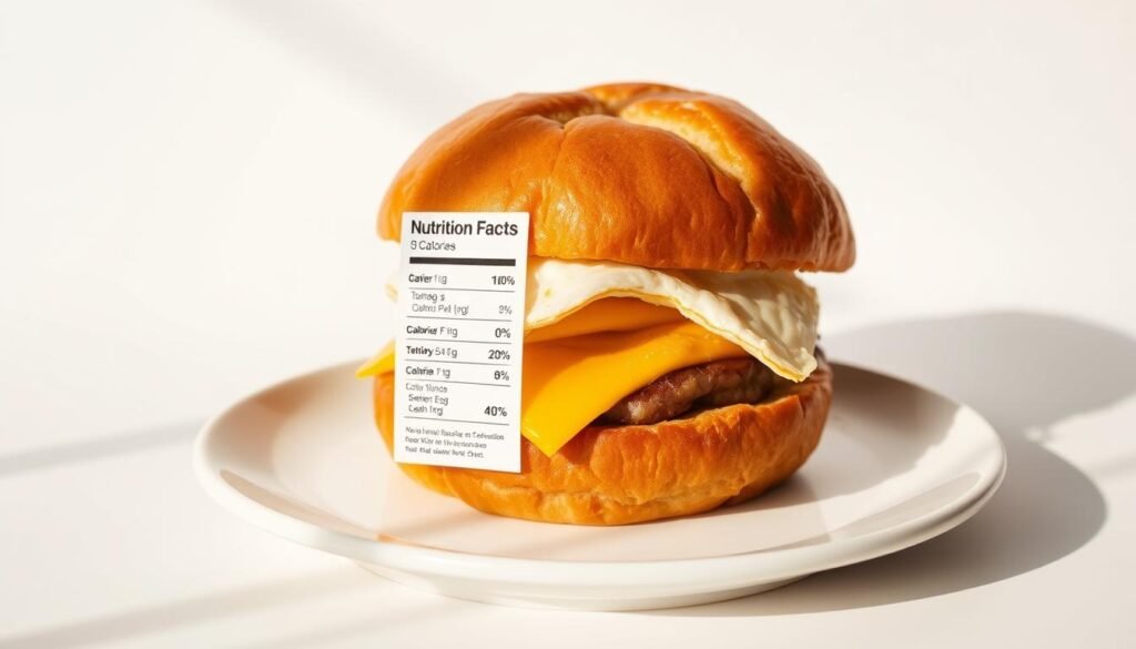 A large, juicy Burger King Breakfast Croissan'wich on a crisp white plate, surrounded by a detailed nutritional information panel highlighting the calorie count and other key nutritional facts. The lighting is warm and natural, casting soft shadows and highlighting the textures of the bun, cheese, and egg. The background is a minimalist, clean white backdrop, keeping the focus on the main subject. The composition is balanced and aesthetically pleasing, with the nutritional information panel positioned strategically to provide context and emphasize the calorie content of the breakfast item.