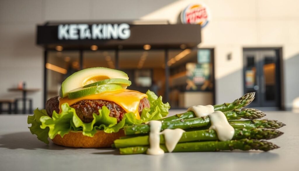 A meticulously crafted Burger King keto-friendly meal, set against a minimalist backdrop. In the foreground, a juicy beef patty rests atop a bed of crisp lettuce leaves, adorned with slices of avocado and melted cheddar cheese. The middle ground showcases a side of grilled asparagus, drizzled with a creamy garlic-parmesan sauce. In the background, a sleek Burger King restaurant facade provides a subtle nod to the establishment's healthy menu options. Soft, natural lighting illuminates the scene, creating a welcoming and appetizing atmosphere. The overall composition conveys the balance of indulgence and dietary restriction that defines the keto-friendly dining experience at Burger King.