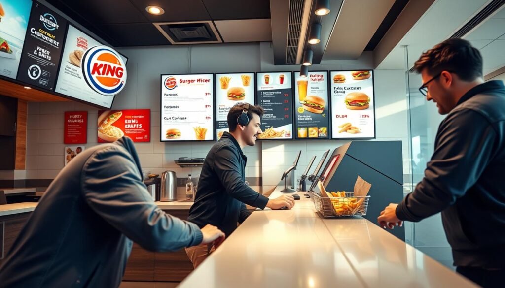 A modern, well-lit fast food restaurant counter, with a focus on the ordering process. In the foreground, a customer is leaning over the counter, engaged with a friendly Burger King employee, discussing customization options for their order. The middle ground features various menu boards and signage, highlighting the range of customizable burgers, fries, and beverages available. The background showcases the overall restaurant ambiance, with clean, contemporary design elements and a calm, inviting atmosphere. The lighting is bright and natural, creating a warm, inviting mood. The scene conveys a sense of collaboration and personalized service, emphasizing the ability to tailor orders to individual dietary needs.