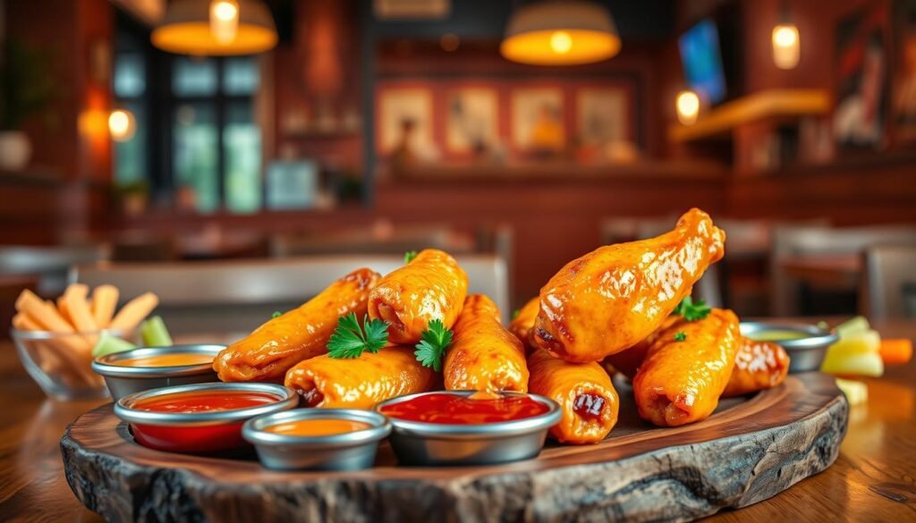 A mouthwatering presentation of Pizza Hut wings in a vibrant setting. Foreground features several glossy, golden-brown wings arranged artistically on a rustic wooden platter, garnished with fresh parsley and accompanied by a variety of colorful dipping sauces in small bowls. The middle ground includes a stylish table set with optional side items like celery sticks and carrot sticks, enhancing the offer of customization. The background displays a cozy pizzeria ambiance, with warm lighting emanating from vintage pendant lamps, creating an inviting atmosphere. A shallow depth of field focuses on the wings, while the details of the pizzeria softly blur, adding depth. The overall mood is lively and appetizing, perfect for showcasing a delicious menu option.
