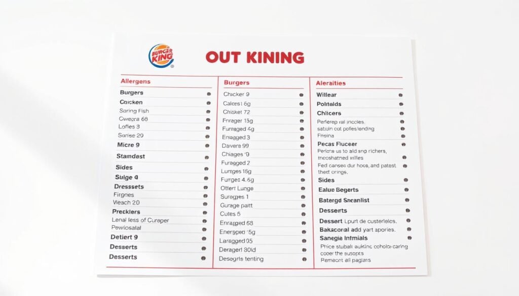 A neatly organized allergen list for Burger King menu items, presented on a clean, white background. The list is displayed in a straightforward, easy-to-read format, with clear categorization of different food groups such as burgers, chicken, fish, breakfast, sides, and desserts. The layout uses a simple, sans-serif typeface for maximum legibility. Bright, natural lighting illuminates the scene, creating a crisp, professional appearance. The overall mood is informative and practical, designed to help health-conscious customers navigate the menu with confidence.