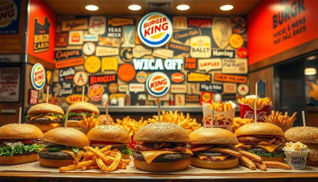 A vibrant and enticing fast food display, showcasing a range of Burger King's secret menu items from across the United States. In the foreground, a mouthwatering assortment of regional specialties, each bursting with unique flavors and ingredients - from the iconic Chicago-style Whopper to the spicy Tex-Mex Jalapeño Burger. The middle ground features an array of lesser-known delights, such as the Hawaiian-inspired Pineapple Bacon Melt and the New England-style Clam Chowder Fries. In the background, a collage of regional signage and décor, hinting at the diverse culinary traditions that have inspired Burger King's secret menu creations. Warm, inviting lighting casts a golden glow, accentuating the mouthwatering details of each dish. A high-resolution, wide-angle lens captures the scene with depth and clarity, immersing the viewer in the hidden treasures of Burger King's regional secret menu. A vibrant and enticing fast food display, showcasing a range of Burger King's secret menu items from across the United States. In the foreground, a mouthwatering assortment of regional specialties, each bursting with unique flavors and ingredients - from the iconic Chicago-style Whopper to the spicy Tex-Mex Jalapeño Burger. The middle ground features an array of lesser-known delights, such as the Hawaiian-inspired Pineapple Bacon Melt and the New England-style Clam Chowder Fries. In the background, a collage of regional signage and décor, hinting at the diverse culinary traditions that have inspired Burger King's secret menu creations. Warm, inviting lighting casts a golden glow, accentuating the mouthwatering details of each dish. A high-resolution, wide-angle lens captures the scene with depth and clarity, immersing the viewer in the hidden treasures of Burger King's regional secret menu.