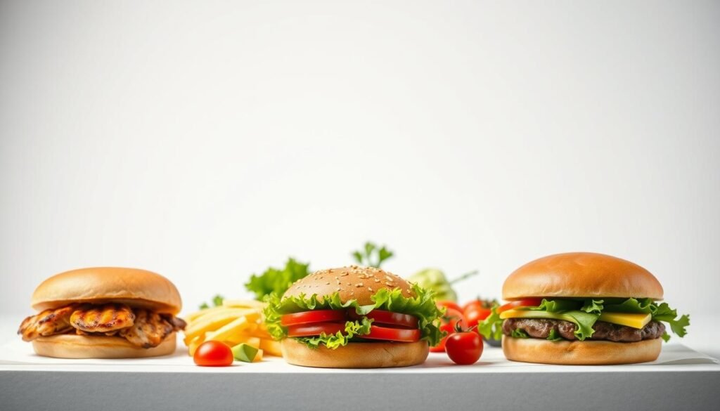 A vibrant and minimalist image showcasing Burger King's dietary options. In the foreground, a selection of Burger King menu items arranged neatly, including a grilled chicken sandwich, a garden salad, and a veggie burger, all presented against a crisp white backdrop. The middle ground features various fresh ingredients like lettuce, tomatoes, and avocado, highlighting the customization and healthier alternatives available. The background is a soft, blurred gradient in shades of green, conveying a sense of natural wellness. The lighting is soft and even, emphasizing the clean, modern aesthetic. Captured with a wide-angle lens to provide a comprehensive view of the dietary options. The overall mood is one of simplicity, transparency, and a focus on nutritious choices within the Burger King menu.