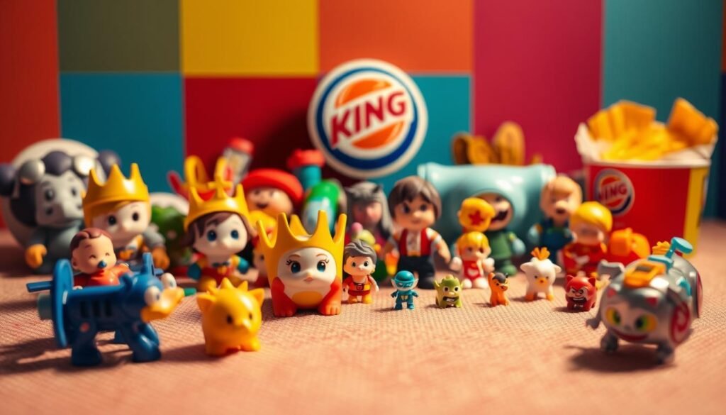 A vibrant collection of Burger King kids meal toys sits atop a colorful backdrop. In the foreground, a variety of playful characters and collectibles, including plastic crowns, plush animals, and small plastic figures, are arranged artfully. The middle ground features a textured surface, perhaps a patterned tablecloth or a child's playmat, adding depth and context. The lighting is warm and inviting, casting a soft glow over the scene, evoking a sense of joy and whimsy. The overall composition captures the spirit of Burger King's fun and engaging kids' offerings, perfectly complementing the "Fun Extras" section of the article.