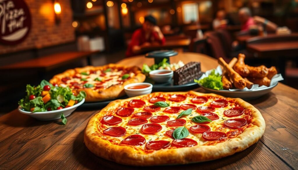 A vibrant display of Pizza Hut's featured menu items arranged aesthetically on a rustic wooden table. In the foreground, a large pepperoni pizza with perfectly melted cheese and aromatic basil, surrounded by a stuffed crust pizza showcasing its golden, flaky edges. Beside them, a colorful salad with fresh vegetables and a dipping sauce, and a side of buffalo wings glistening with sauce. The middle ground features a couple of enticing dessert options, such as a slice of chocolate cake and cinnamon sticks dusted with sugar. The background is softly blurred to showcase a warm, inviting Pizza Hut interior with ambient lighting, creating a cozy atmosphere. The angle is a slight overhead shot, highlighting the variety and abundance of food, inviting the viewer to indulge in these best-selling picks.