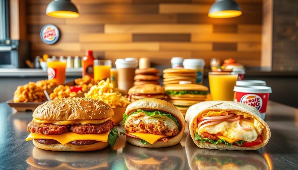 A vibrant, mouthwatering display of Burger King's breakfast options, shot with a wide-angle lens under warm, inviting lighting. In the foreground, a variety of breakfast sandwiches, including the Croissan'wich and the Breakfast Burrito, are neatly arranged on a sleek, modern surface. The middle ground features an assortment of hash browns and pancakes, while the background showcases a selection of juices and coffee cups, creating a cohesive and appealing breakfast spread. The overall scene conveys a sense of culinary delight and the diverse options available to satisfy various dietary needs.