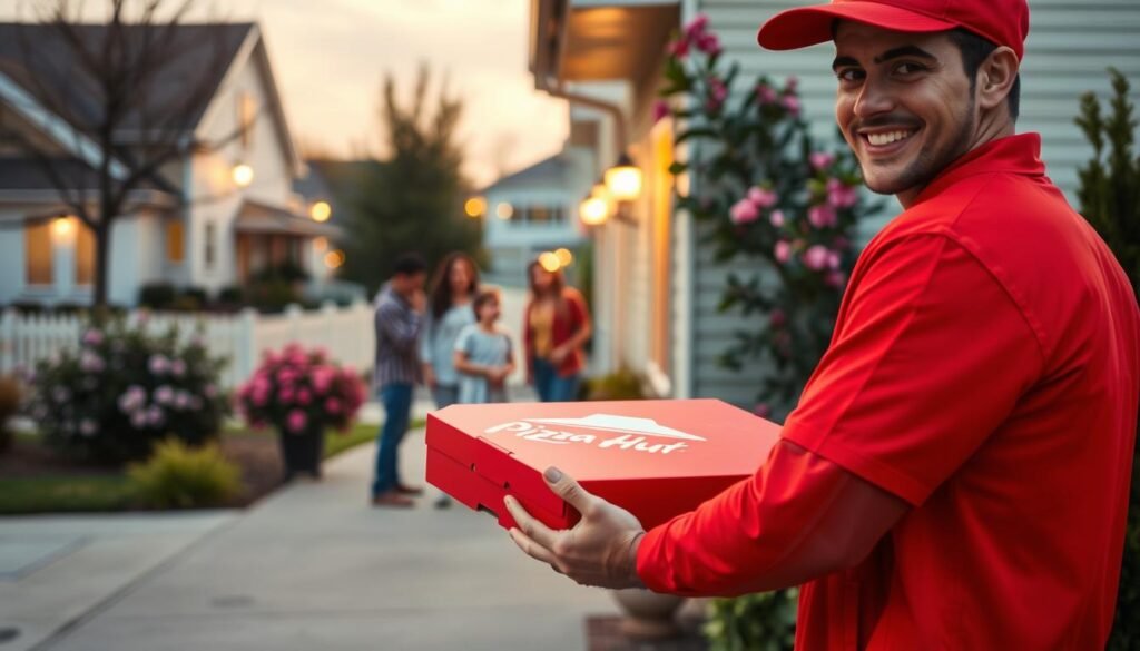 A vibrant pizza delivery scene in a suburban neighborhood during early evening. In the foreground, a cheerful delivery driver in a red Pizza Hut uniform holds a pizza box with the iconic logo prominently displayed. The driver is smiling, conveying a friendly atmosphere. In the middle, an inviting front porch is adorned with blooming flowers, where a family eagerly awaits their pizza delivery, showcasing excitement and anticipation. The background features a slightly blurred view of a quaint neighborhood, with warm street lights beginning to illuminate the streets. Soft golden lighting enhances the cozy mood, while the camera captures the scene at a slight angle to create depth. The overall ambiance reflects a sense of comfort and satisfaction associated with ordering a delicious meal.