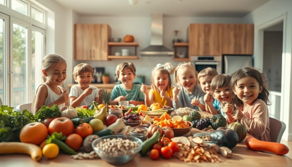 A vibrant, sun-drenched scene of a diverse group of happy, active children enjoying a variety of wholesome, nutritious foods. In the foreground, a table overflows with an array of fresh fruits, vegetables, whole grains, and lean proteins, arranged in an appealing, visually striking manner. The children, captured in a wide, cinematic angle, sit around the table, eagerly sampling the healthy options, their faces aglow with delight. In the middle ground, a cozy, modern kitchen setting with sleek appliances and warm wood tones provides a welcoming backdrop. The bright, airy atmosphere is enhanced by natural light flooding in through large windows, casting a soft, golden glow over the entire scene. The overall mood is one of joy, vitality, and a celebration of making healthy choices.