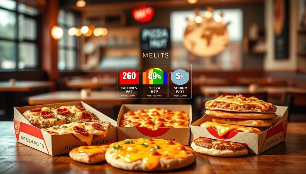 A visually engaging nutrition snapshot centered around a variety of Pizza Hut Melts, artistically arranged on a wooden table. In the foreground, display an open box of Melts showcasing vibrant colors of different flavors, emphasizing cheese pulls and toppings. In the middle, artistic infographics feature colorful icons representing calories, saturated fat, and sodium levels, strategically placed to highlight nutritional content. The background features a cozy restaurant setting with warm, diffused lighting to create an inviting atmosphere. Use a shallow depth of field to keep the focus on the food and infographics, giving a sense of intimacy. The mood is informative yet appetizing, enticing viewers to explore the nutritious aspects of pizza options.