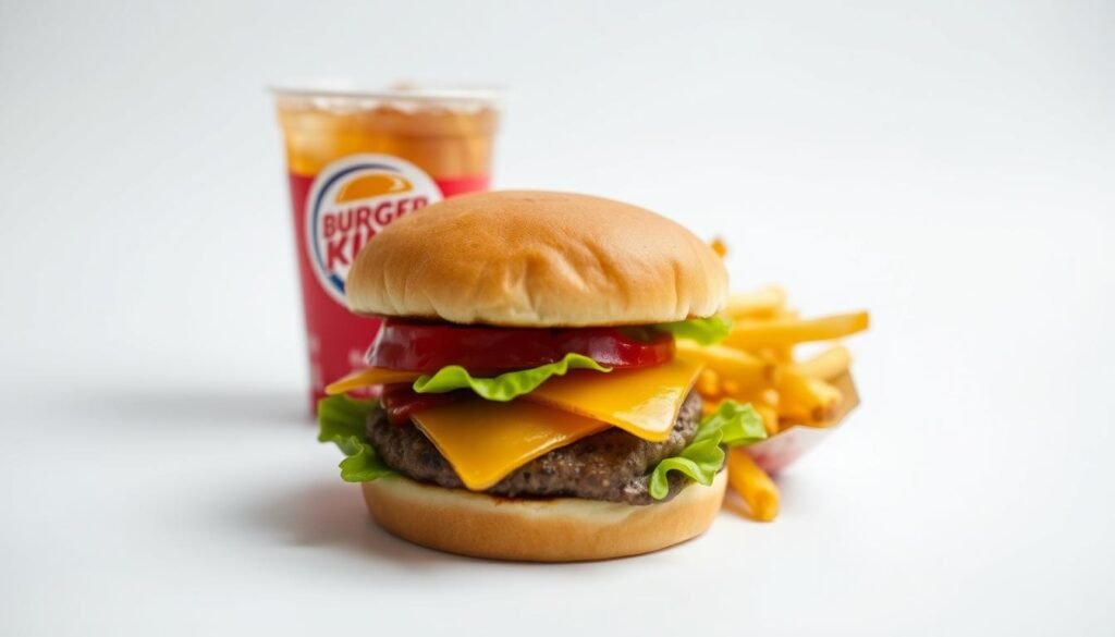 A well-lit, close-up photograph of a Burger King value meal, including a classic hamburger, small fries, and a small soft drink, all neatly arranged on a plain white background. The burger has a fresh, toasted bun and a juicy beef patty, with a crisp lettuce leaf, a slice of tomato, and a dollop of ketchup. The fries are golden and crispy, and the soft drink has a condensation-beaded cup. The overall composition is balanced and visually appealing, highlighting the affordability and quality of this Burger King value meal.