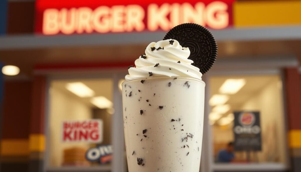 An OREO® milkshake stands tall in the foreground, its creamy swirl of vanilla ice cream and crushed cookie bits crowned with a generous dollop of whipped cream and a single OREO® wafer. Behind it, a Burger King restaurant facade emerges, its iconic red and yellow color scheme creating a vibrant, eye-catching backdrop. Soft, warm lighting illuminates the scene, casting a cozy, inviting glow. The image conveys a sense of indulgence and the perfect harmony of sweet and savory, capturing the essence of Burger King's OREO® Cookie Treats and Specialties. An OREO® milkshake stands tall in the foreground, its creamy swirl of vanilla ice cream and crushed cookie bits crowned with a generous dollop of whipped cream and a single OREO® wafer. Behind it, a Burger King restaurant facade emerges, its iconic red and yellow color scheme creating a vibrant, eye-catching backdrop. Soft, warm lighting illuminates the scene, casting a cozy, inviting glow. The image conveys a sense of indulgence and the perfect harmony of sweet and savory, capturing the essence of Burger King's OREO® Cookie Treats and Specialties.